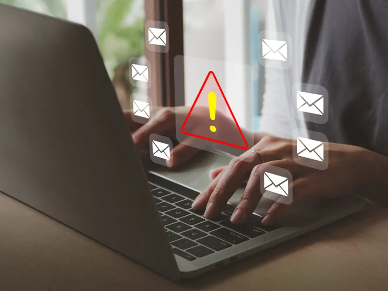 red triangle warning sign by email or message show malware or virus alerts