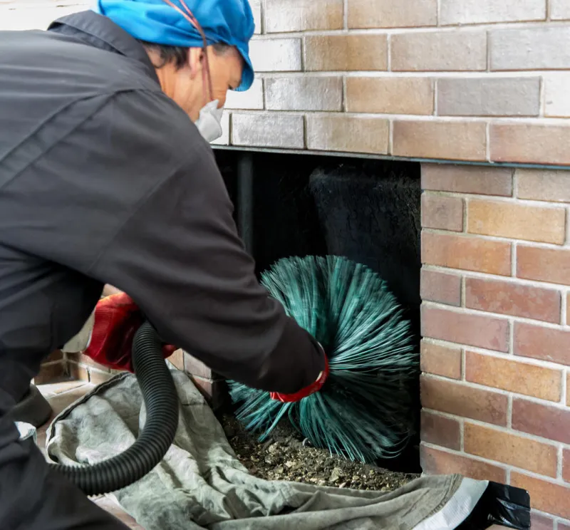 chimney sweep wearing a mask for protection whilst cleaning chimney - screwing the chimney sweep brush as it ascends the chimney