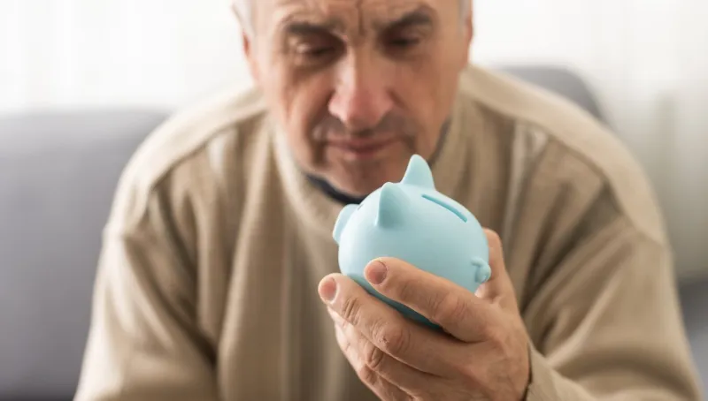 senior caucasian man holding piggy bank with glasses depressed and worry for distress, crying angry and afraid sad expression