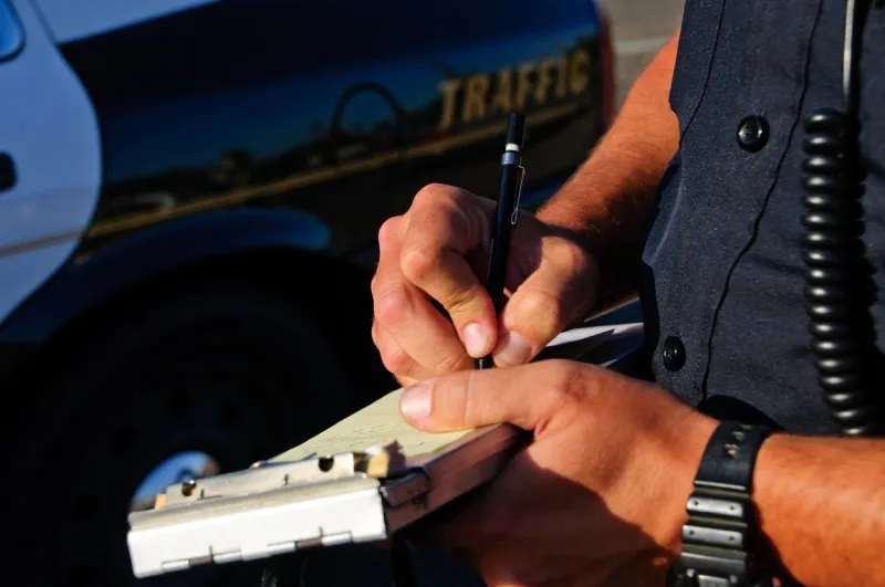 a police office on the side of the road as he writes a ticket