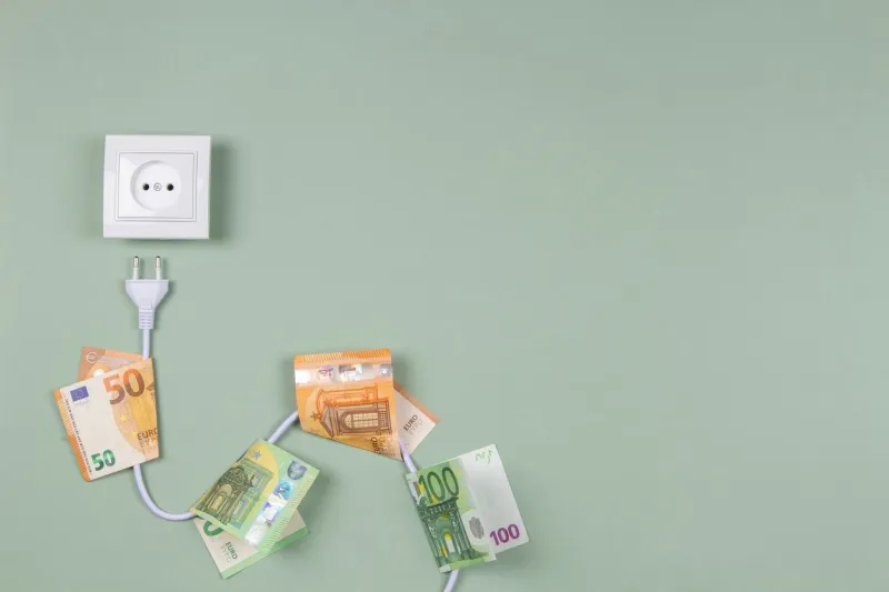 electric power plug with euro banknotes on it and electric socket on light green background electricity cost and expensive energy concept