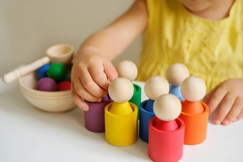 a modern creative toy sorter made of wood, for studying flowers by preschoolers figurines in the form of little men in cups