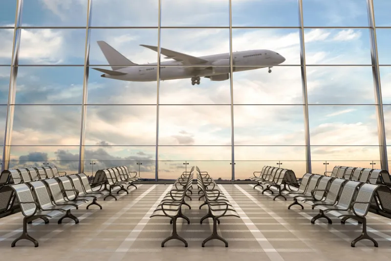 empty airport terminal lounge with airplane on background 3d illustration