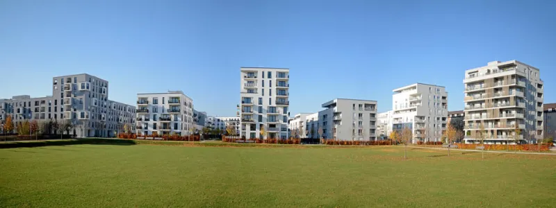 cityscape with residential buildings in late autumn