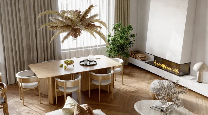 open plan living room interior with modern wood kitchen, 3d render