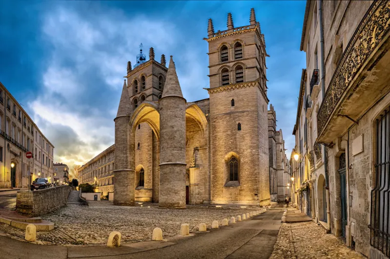 gothic cathedral of saint peter at dusk in montpellier, occitanie, france