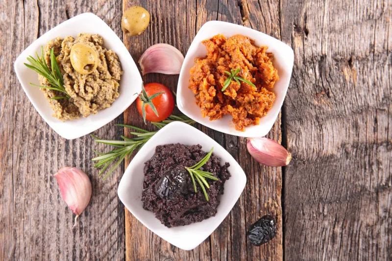 assorted of tapenade- mixed olive dip canape