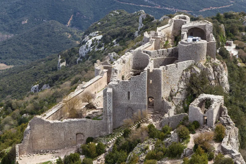duilhac-sous-peyrepertuse, france - april 3, 2015  aerial view of the ruins of chateau peyrepertuse in duilhac-sous-peyrepertuse, france