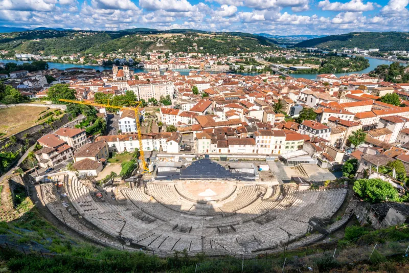 cityscape of vienne with the old city and aerial view of the ancient gallo-roman theatre in vienne isere france