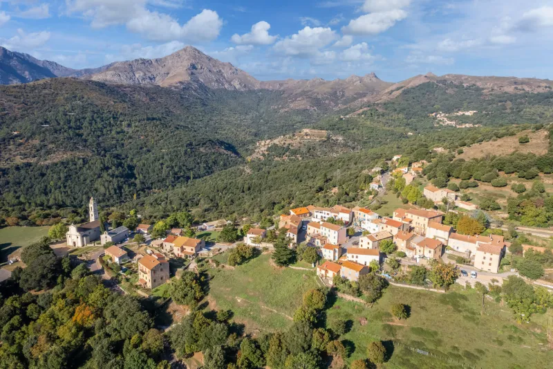 aerial view of olmi cappella village, corsica, france