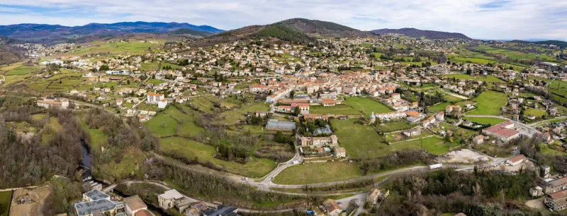 aerial view around the old town of the city boulieu-les-annonay in france on a sunny day in early spring