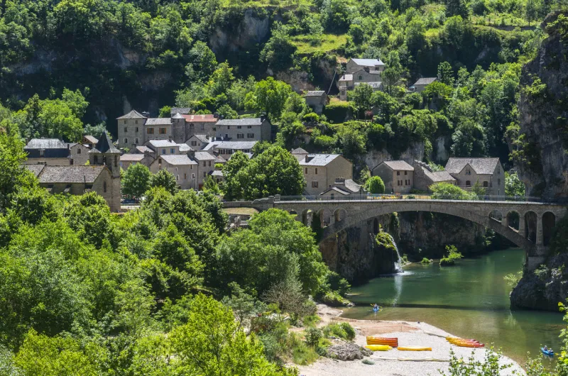 gorges du tarn (lozere, linguedoc-roussillon, france), famous canyon at summer village, bridge and canoes