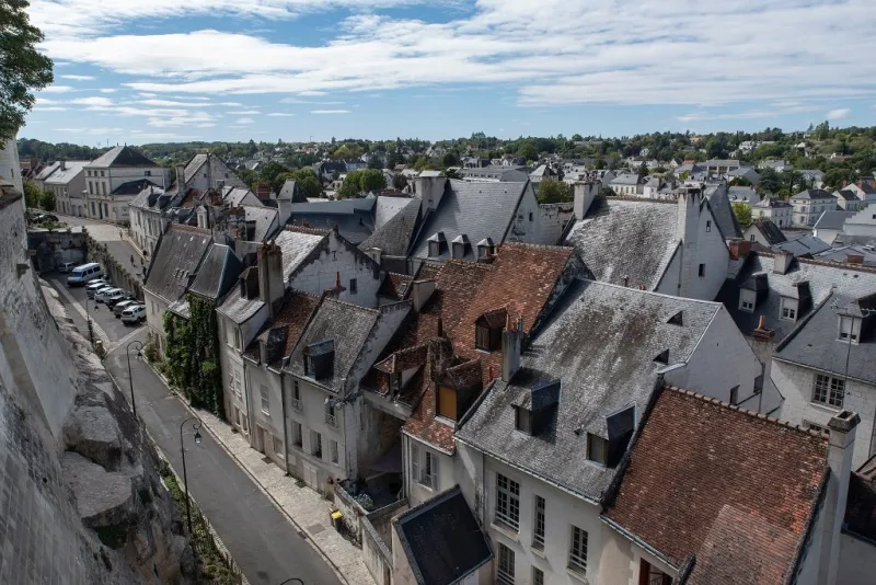 city of loches in france seen from above on the roofs of houses