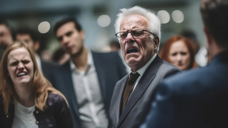 weird business situation, an old man in a suit has an argument with someone, angry and furious, shouting loudly and insulting, fictive reason and happening generative ai