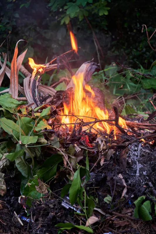 burn the garbage behind the house with a strong fire