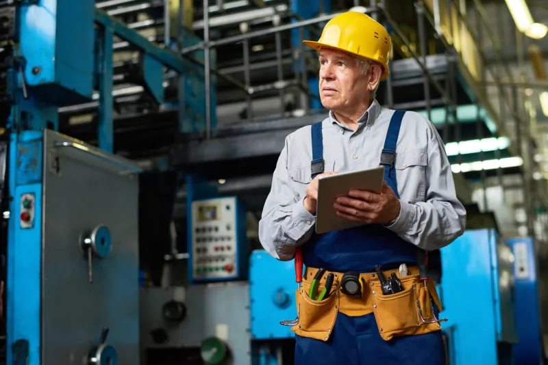 portrait of senior factory worker using digital tablet and looking away in modern workshop