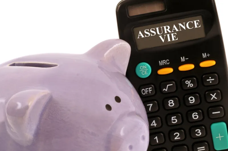 concept of calculating life insurance with a piggy bank and a calculator