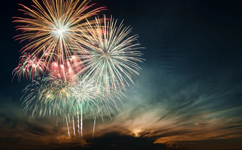 brightly colorful fireworks and salute of various colors in the night sky
