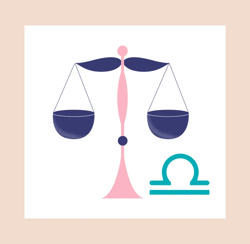 zodiac sign concept libra colorful poster with blue scales and esoteric symbol design element for astrological horoscopes and applications cartoon flat vector illustration with pink frame