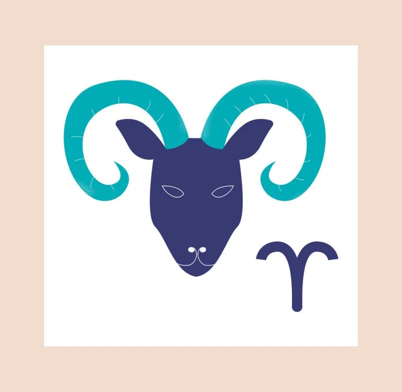 zodiac sign concept aries colorful poster with muzzle of animal with long curled horns or ram and esoteric symbol astrological horoscope cartoon flat vector illustration with pink frame