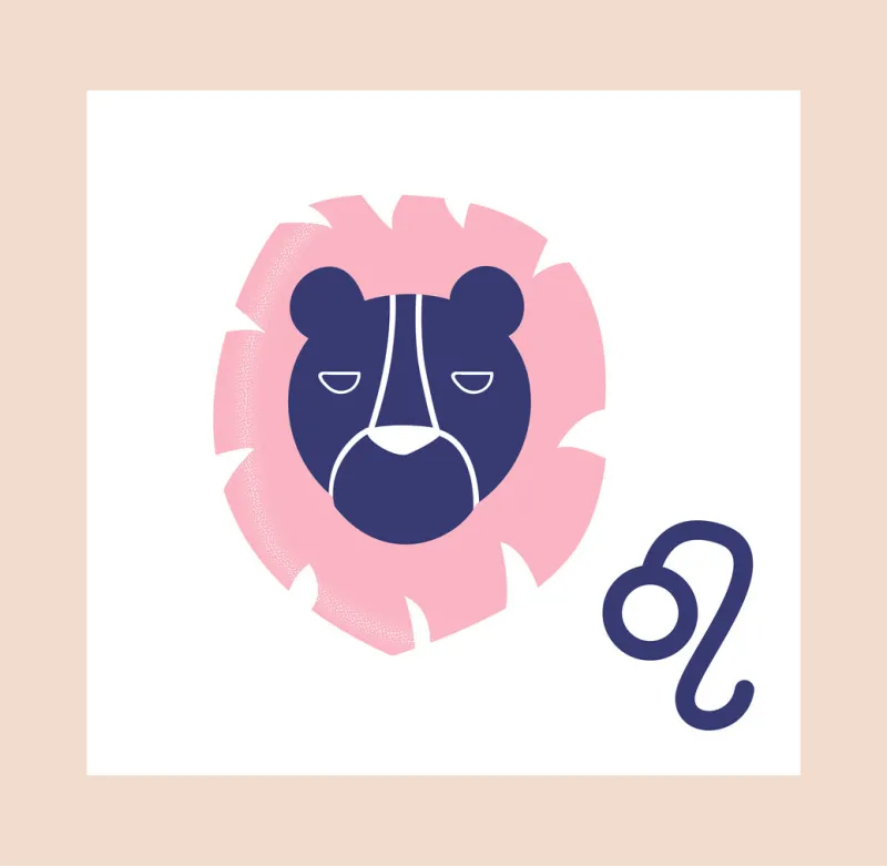 zodiac sign concept leo colorful poster with wild animal or predatory lion and esoteric symbol astrological horoscope or forecast for future cartoon flat vector illustration with pink frame