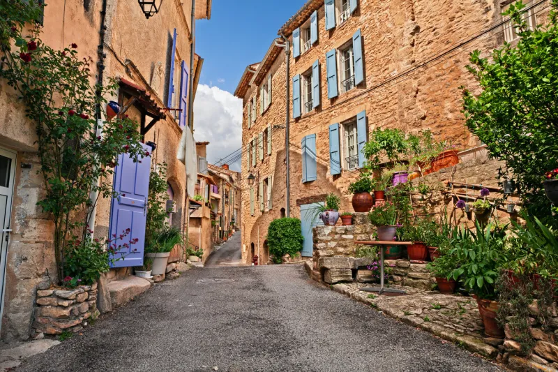 mane, forcalquier, provence, france  picturesque ancient alley in the old town with plants and flowers
