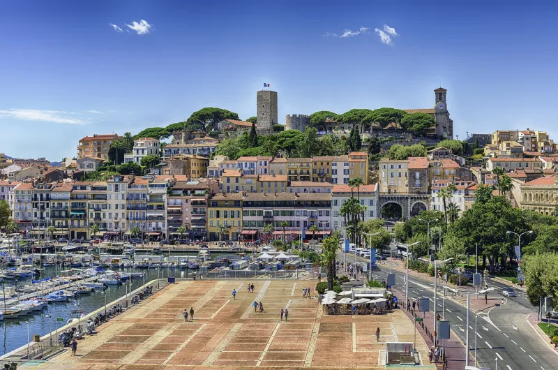 aerial view over the vieux port (old harbor) and le suquet district in cannes, cote d'azur, france