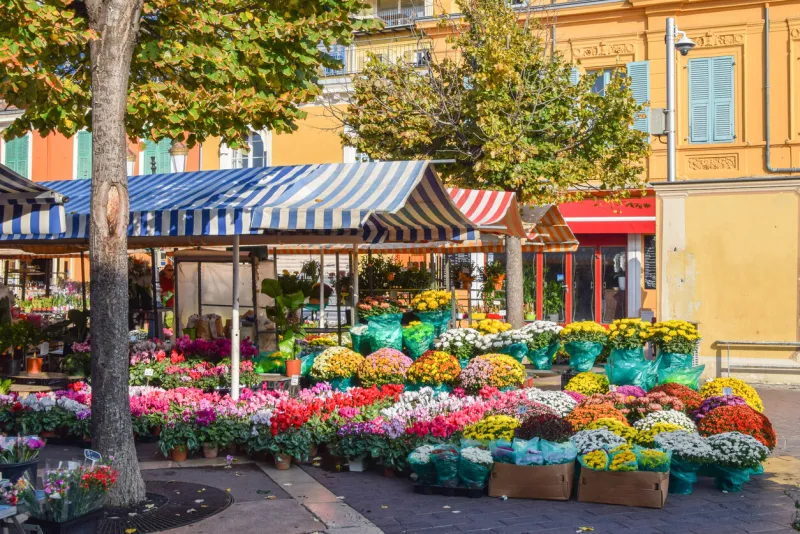 nice, france - october 30 2019  flower market stalls at cours saleya