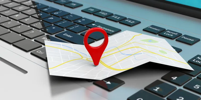 travel and navigation concept - map pointer location on a laptop 3d illustration