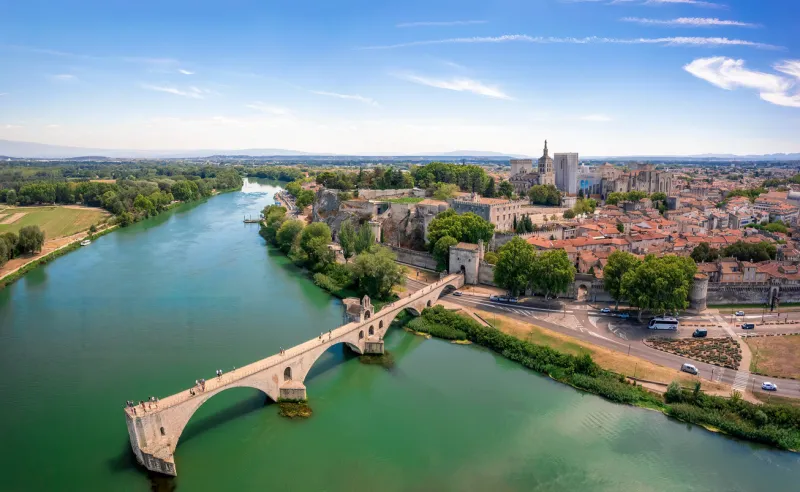 pont saint benezet bridge and rhone river aerial panoramic view in avignon