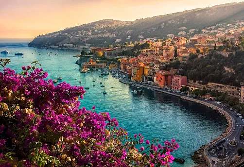 coastline on the french riviera with the small village   villefranche sur mer