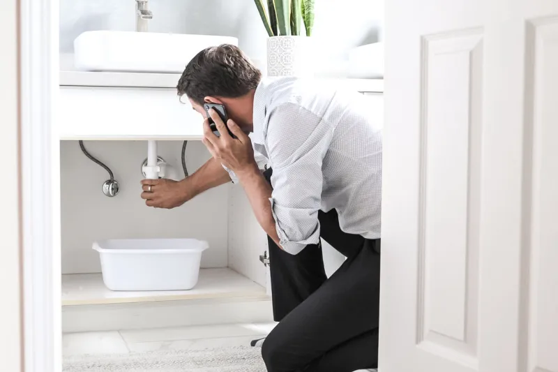 sad young man calling plumber in front of water leaking from sink pipe