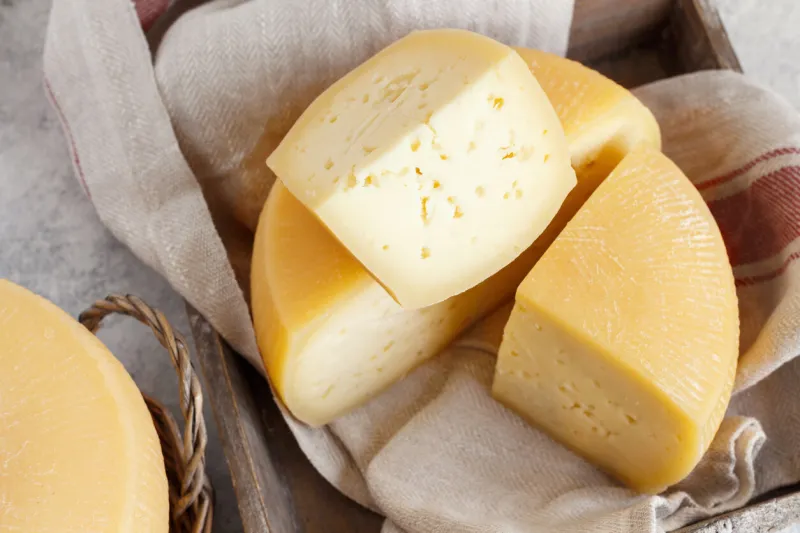 pieces of fresh homemade italian cheese on a tray close up