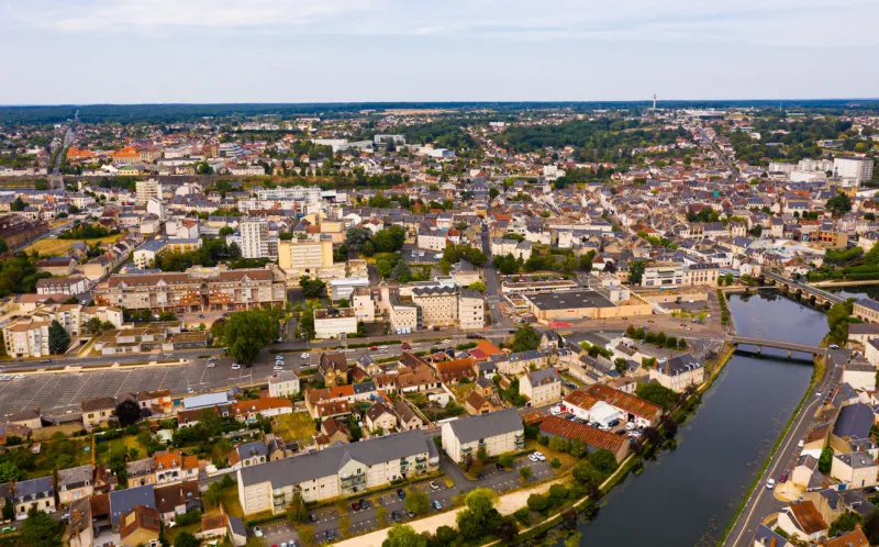 aerial view of vierzon town in cher department, central france