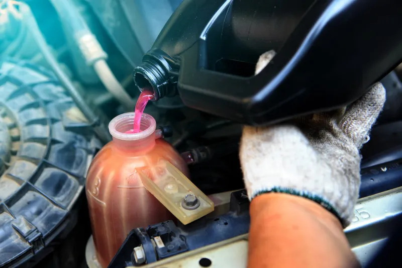 a hand filling car cooling service in engine system with coolant