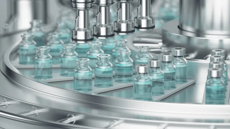 3d render pharmaceutical manufacture background with glass bottles with clear liquid on automatic conveyor line covid-19 mrna vaccine production platform