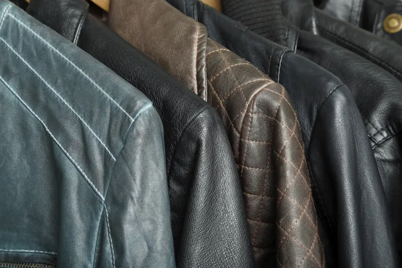 variety of leather jackets closeup