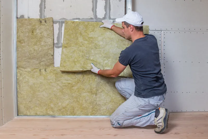 worker insulating a room wall with mineral rock wool thermal insulation