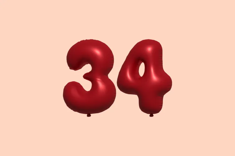 34 3d number balloon made of realistic metallic air balloon 3d rendering 3d red helium balloons for sale decoration party birthday, celebrate anniversary, wedding holiday vector illustration