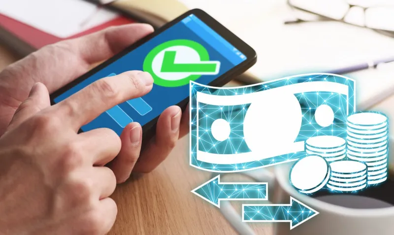 closeup of male hands touching smartphone screen for using app at table