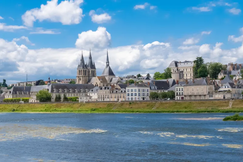 blois in france, panorama of the city, with the saint-nicolas church and the river loire