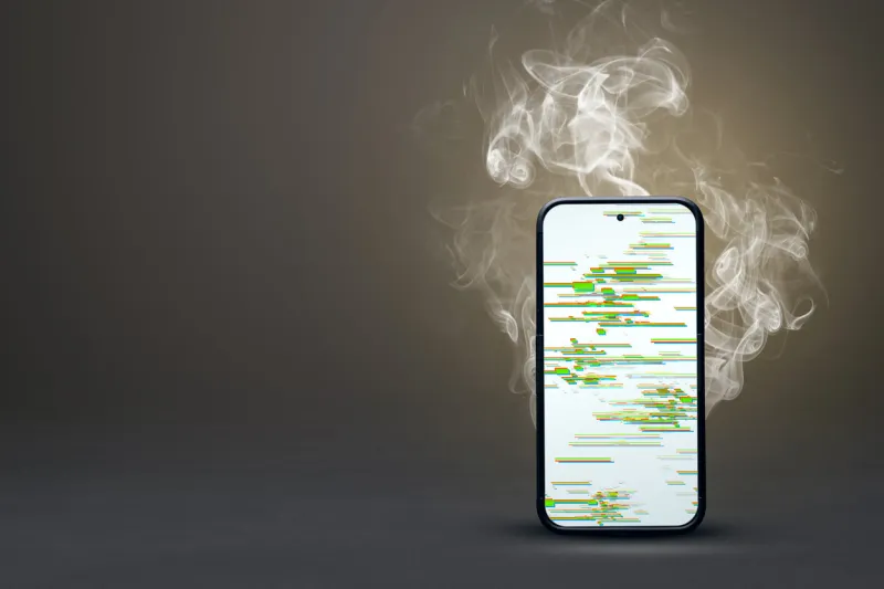 a standing smartphone with a glitched screen and smoke behind it neutral background with copy space