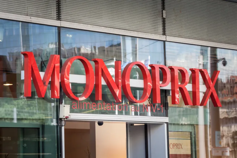 lyon, france - july 19, 2019  logo of monoprix in front of their local supermarket for downtown lyon monoprix is a french chain of convenience stores and retail supermarkets