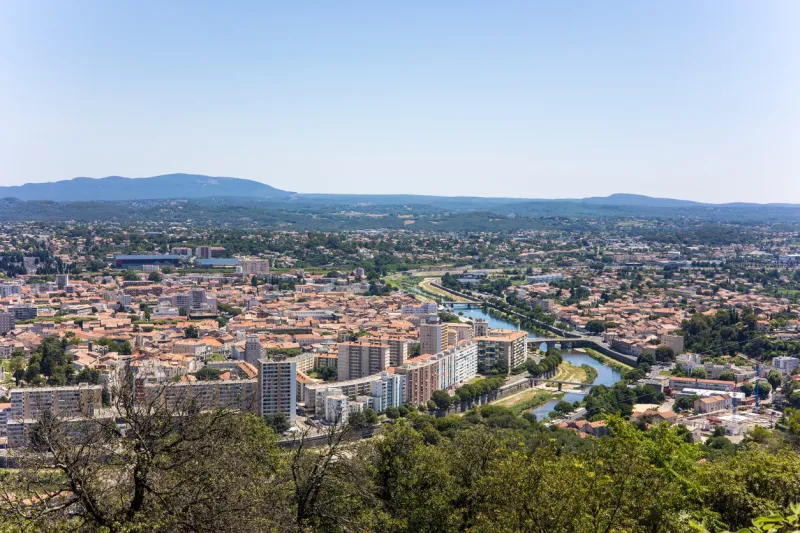 sunny view of the city of alès from notre-dame-des-mines (occitanie, france)