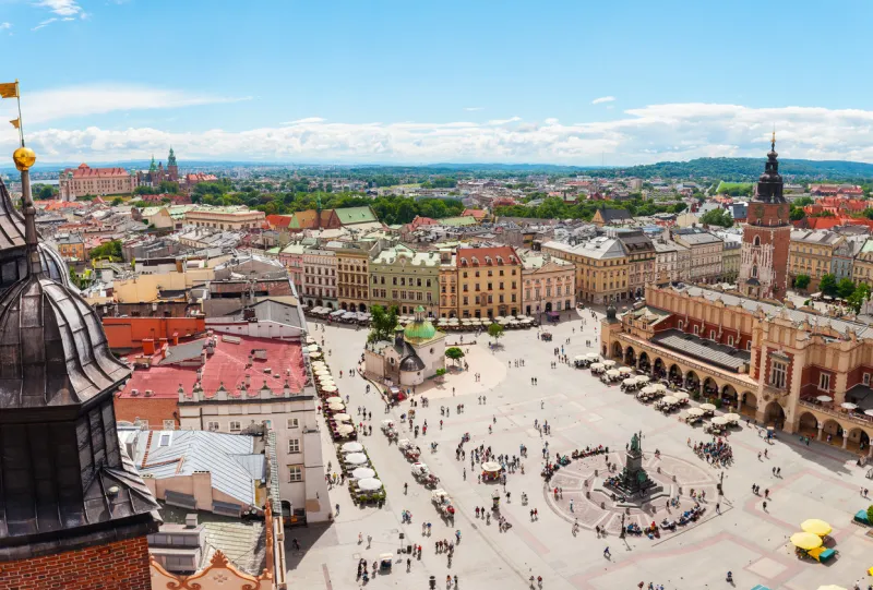 aerial view on the central square and sukiennice in krakow market square from the tower of the church of st mary poland cloth hall