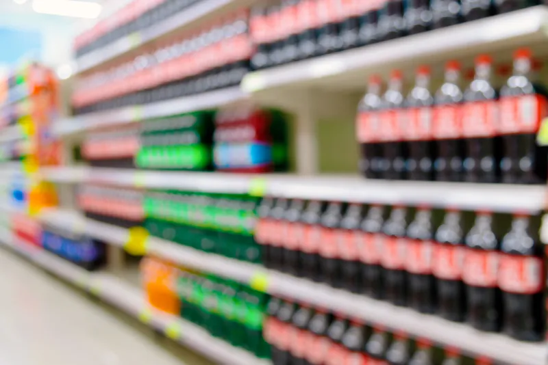 blurred image soft drinks aisle in a supermarket the affordability, wide variety of sugary drinks contribute to the growing obesity and diabetes problem concepts fuzzy drink bottles on display