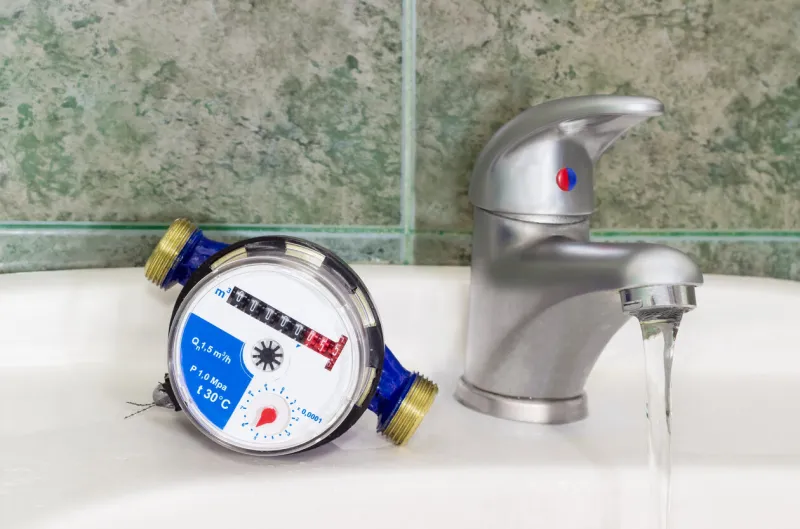 not connected meter for consumption measuring of a cold water on a wash basin beside mounted handle mixer tap and water flowing from him on background of a wall with green tiles