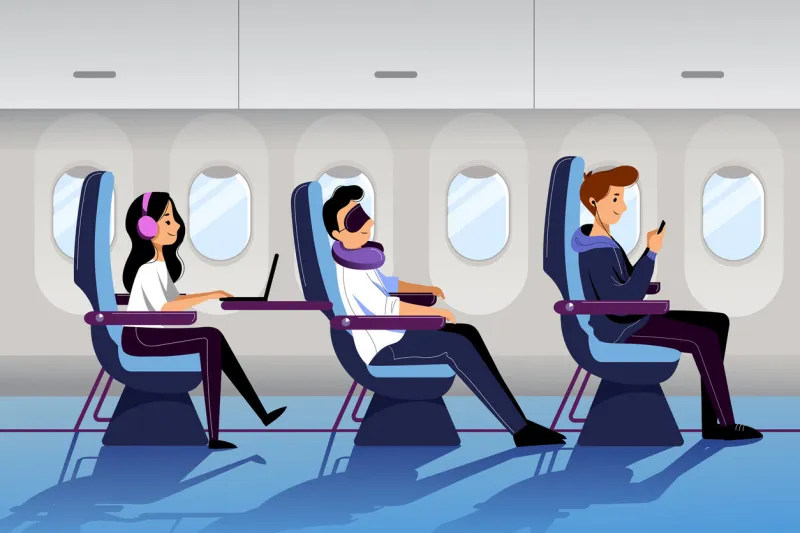 people travel by airplane in economy class plane interior with sleeping and working passengers vector flat cartoon illustration