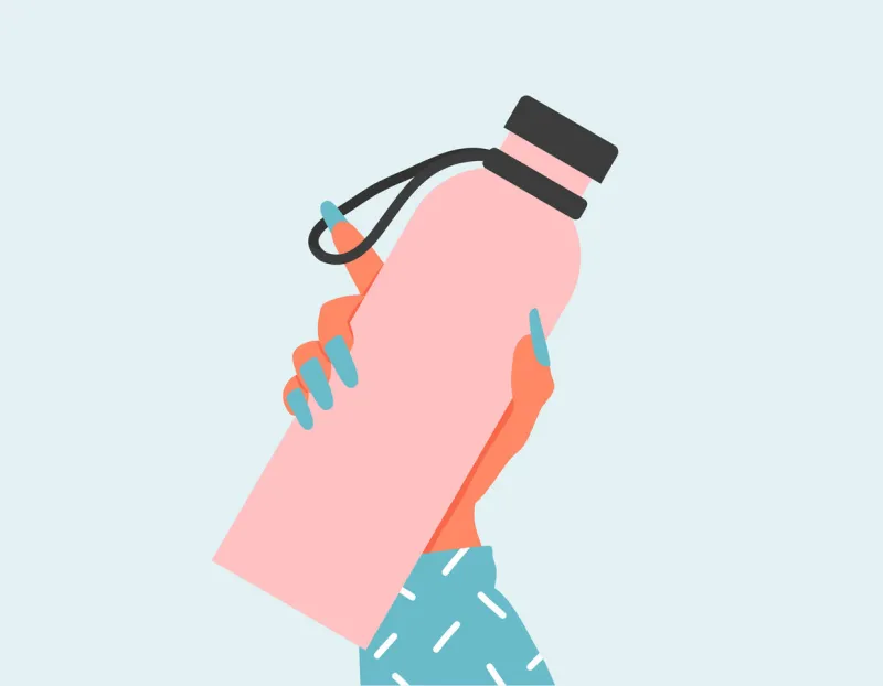 closeup woman holding a reusable water bottle world environment day and earth day concept empty glass bottle in woman hand zero waste flat illustration woman hand holding a drinking water bottles