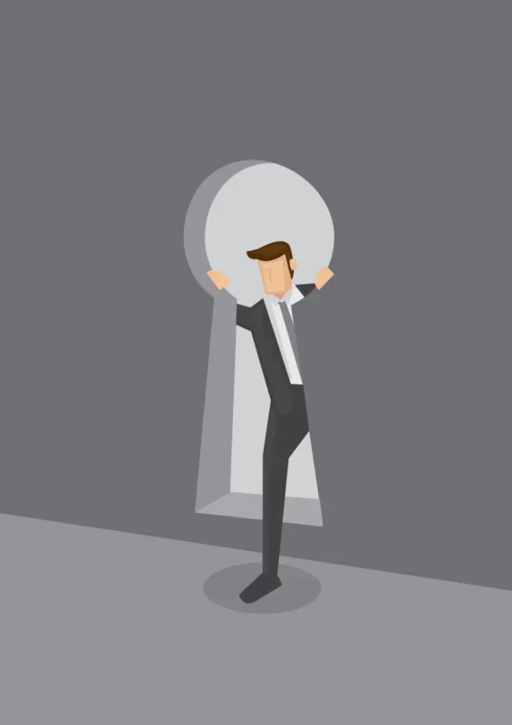 cartoon man in suit entering room through keyhole creative vector illustration for concepts on secrets, spy and privacy intrusion